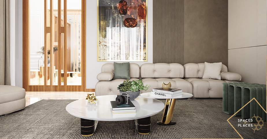 Modern luxury living room with curved sofa and round coffee table in Lahore