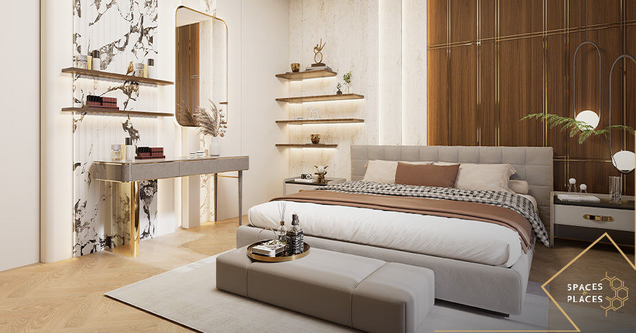 Custom furniture, wood wall panels, marble and lighting in a modern bedroom interior