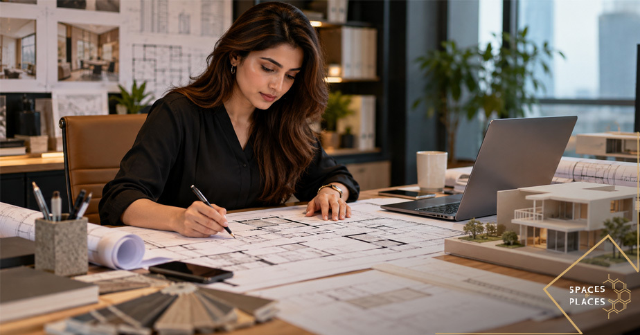 Architect working on building plans in Lahore