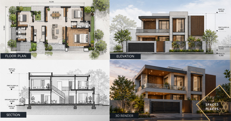 Architectural floor plan elevation section and 3D visualization