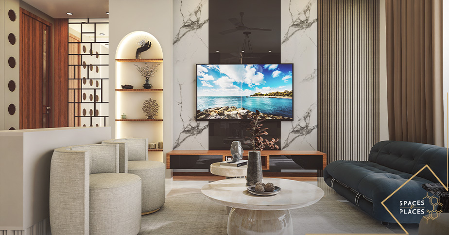 Modern living room with warm neutral colours and wood accents