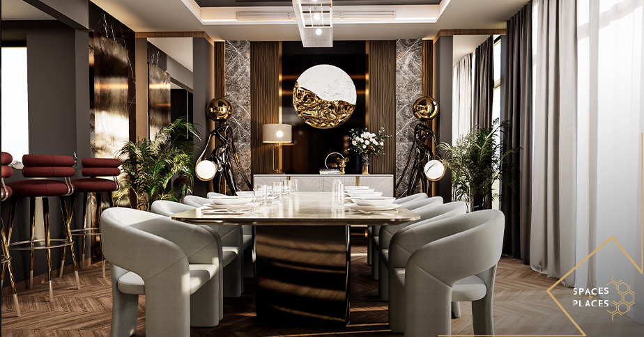 Modern dining room with elegant seating, decorative lighting, and dark feature walls
