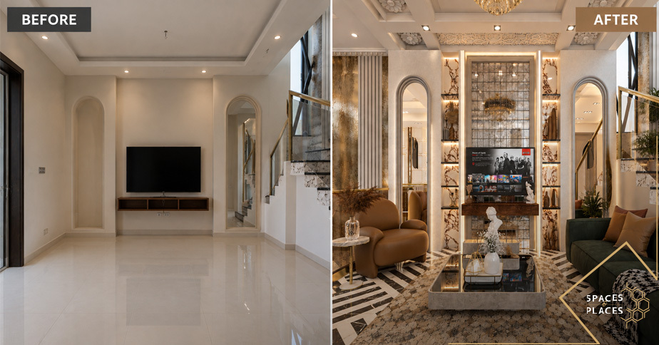 Before and after comparison of a living room interior transformation
