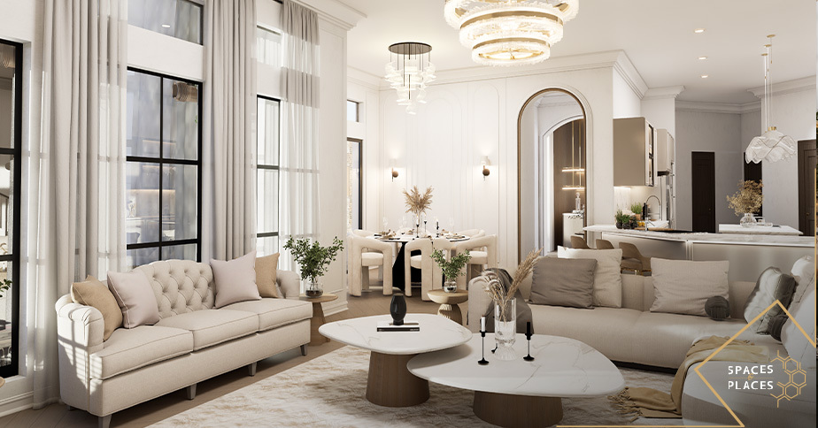 Bright modern living room with neutral furnishings and an open-plan kitchen