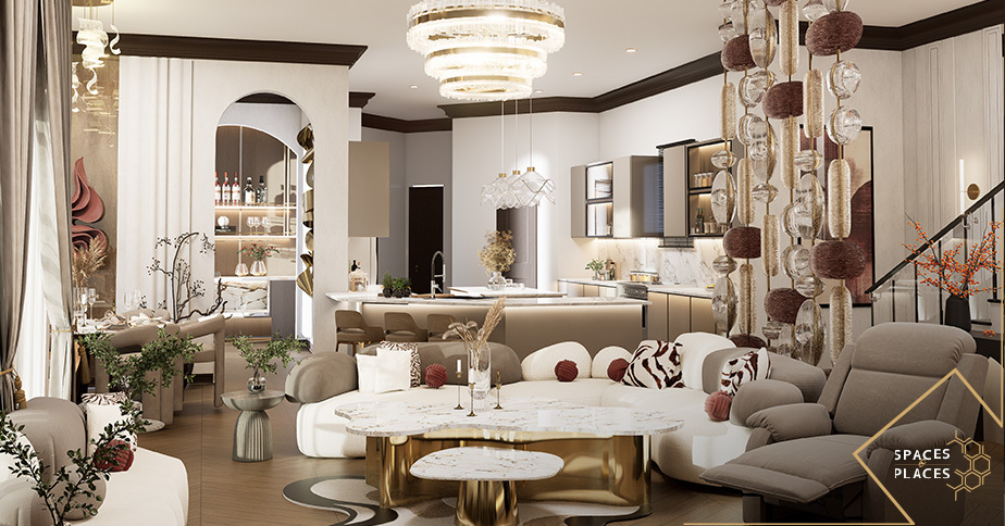 Luxury interior with neutral colours and wood accents