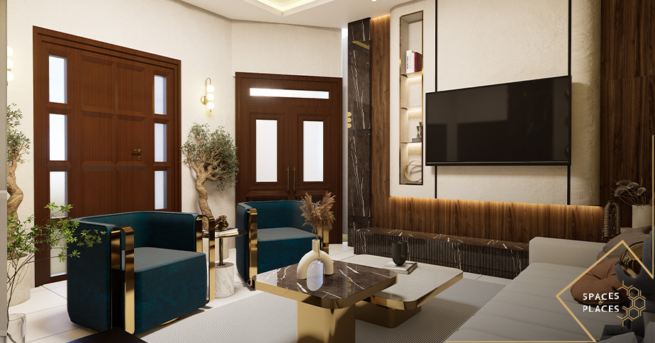 Modern interior with blue seating and warm wood tones
