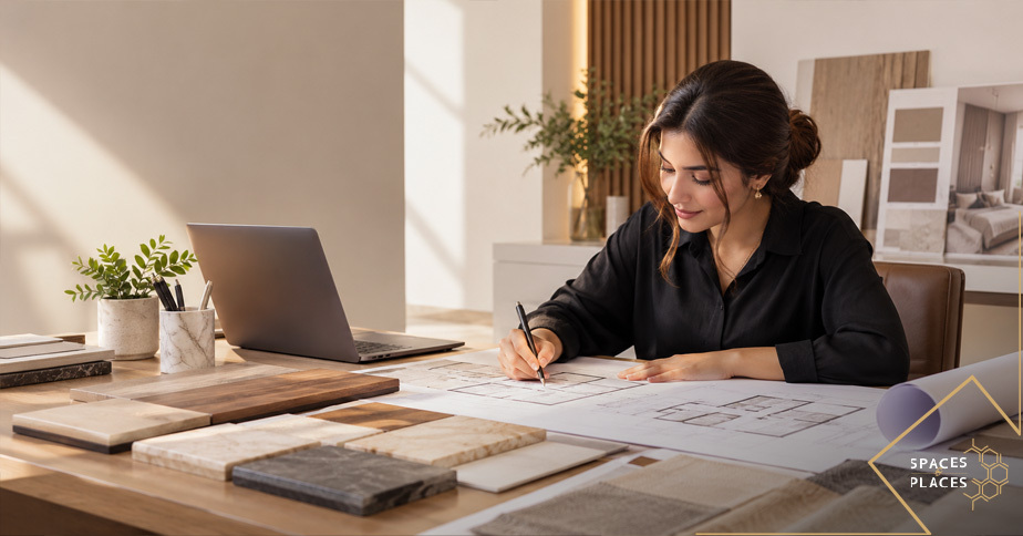 Interior designer working on architectural and interior design plans in Lahore