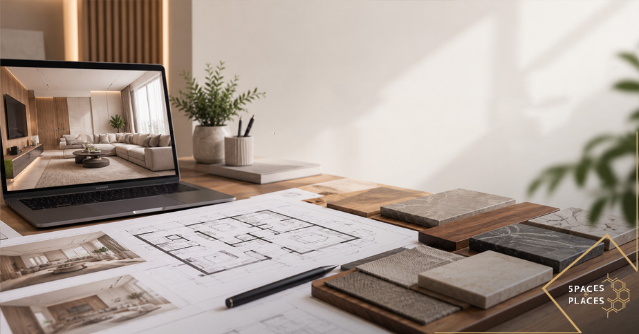 Interior design plans, 3D visualization and material samples in Lahore
