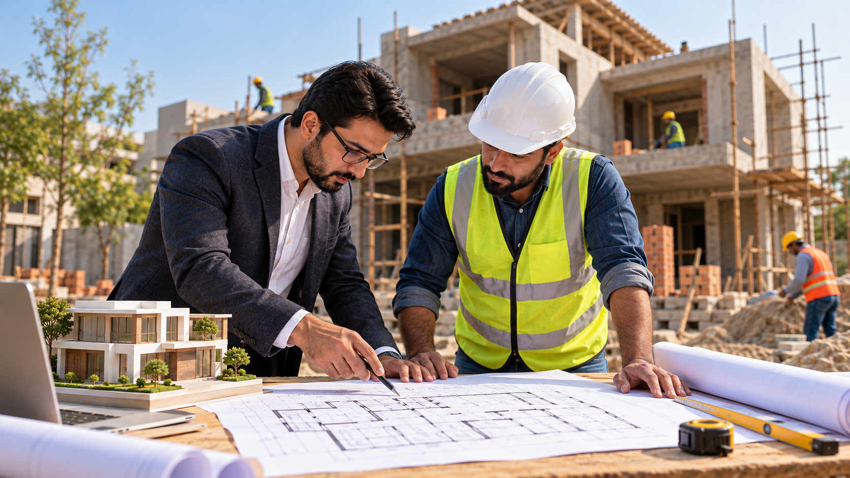 Architect and contractor discussing house construction plans in Lahore