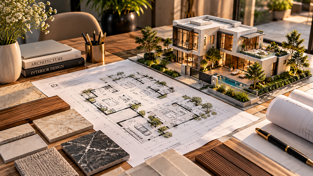 Architectural floor plan and modern house model