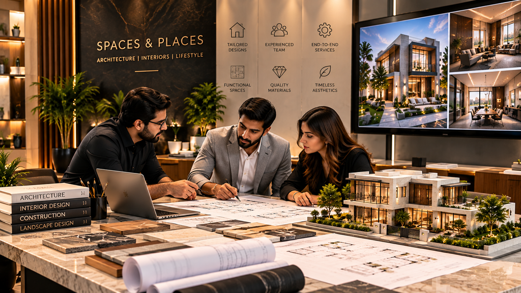 Architects reviewing residential design plans and a modern house model
